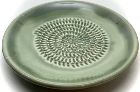 BonCera, All-in-one 4pcs Premium Ceramic Garlic Grater Set - Hand-Made, Green Glazed Design Grater Plate w/Garlic Peeler, Gathering Brush, Display Stand, It's also grating Turmeric, Ginger, and more,