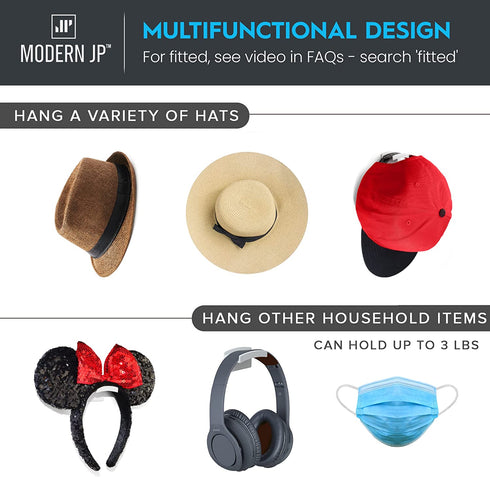 Modern JP Adhesive Hat Hooks for Wall (16-Pack) - Minimalist Hat Rack Design, No Drilling, Strong Hold Hat Hangers - U.S. Patent Pending