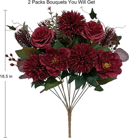 24 Heads Premium Artificial Flowers, Burgundy Silk Flower Peony Bouquets, Fake Flowers Roses Bulk Decoration, Faux Floral Arrangements for Wedding Home Decor by LA.PONEE