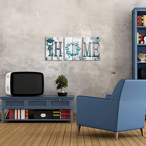 Welmeco Rustic Teal Blue Home Canvas Wall Art Home Sweet Home Butterfly with Dandelion Flowers Picture Prints Framed Artwork for Living Room Bedroom Kitchen Decoration