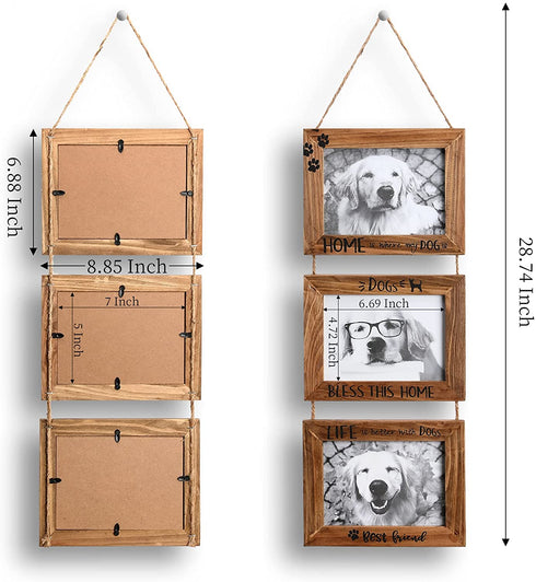 5x7Picture Frame,Dog Picture Frame,Wall Hanging Picture Frame Collage With 3 Openings Photo Frame,Pet Picture Frames Memorial Display Frame on Ropes Gifts for Wall for Home and Office.