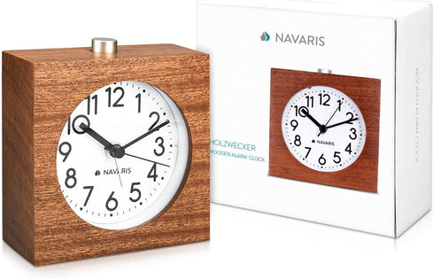 Navaris Wood Analog Alarm Clock - Square Battery-Operated Non-Ticking Clock with Snooze Button and Light - Dark Brown
