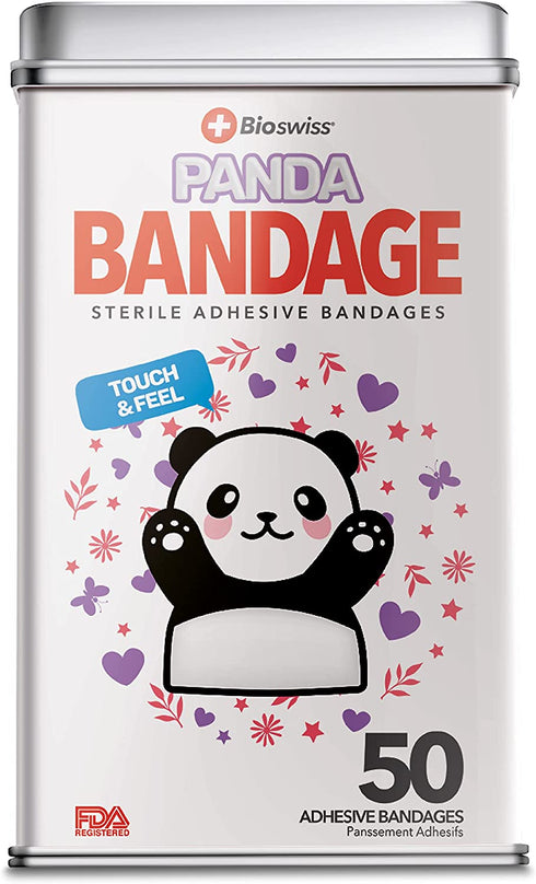 BioSwiss Kids Bandages | 50pcs Sterile Unique Shaped Bandages Colorful Funny Cute Toddler Girls & Boys, Adults First Aid, Protect Scrapes and Cuts | Wellness for Everyone | Reusable Tin (Panda)