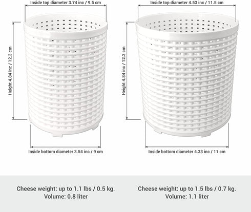 Universal Cheese Molds with Followers for Making Soft, Semi-Hard and Hard Cheeses - Set of 2