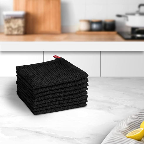 SFTXEY 100% Cotton Kitchen Dish Cloths, 10-Pack Waffle Weave Dish Towels, Ultra Soft Absorbent Quick Drying for Kitchen Towels Set Dish Rags, 12x12 Inches (Dishcloth 12 in x 12 in, Black)