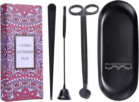 ManChDa 4 in 1 Candle Accessory Set - Candle Wick Trimmer, Candle Wick Dipper, Candle Wick Snuffer, Storage Tray Plate, Candle Care Tools Gift for Candle Lovers for Cosmetics Metal Storage (Black)