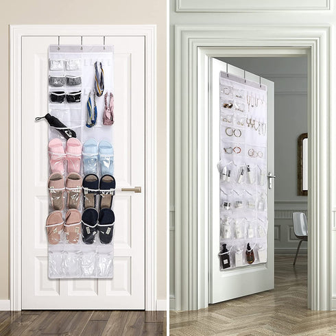 2 Pack Over The Door Hanging Shoe Organizer, Shoe Rack Holder, Pantry Door Organizer With Multiple Size Clear Pockets, 63 x 17 (White)