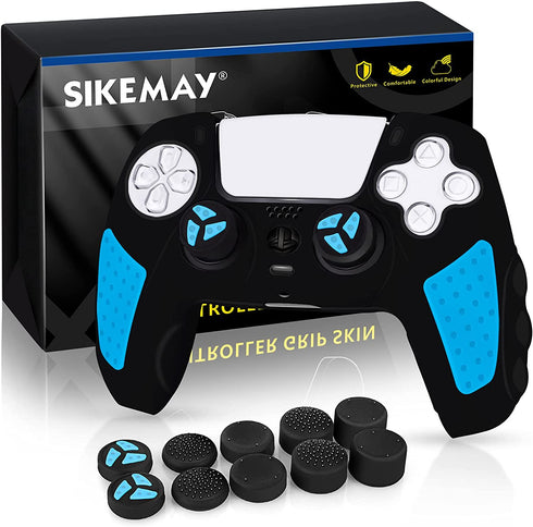 SIKEMAY PS5 Controller Cover Skin, Anti-Slip Thicken Silicone Protective Cover Case Perfectly Compatible with Playstation 5 Dualsense Controller Grip with 10 x Thumb Grip Caps (Black-Blue)