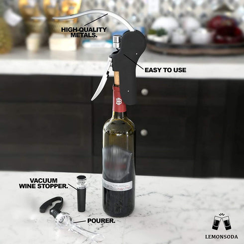 LEMONSODA Screwpull Lever Wine Bottle Opener Set - Corkscrew Wine Opener, Foil Cutter, Wine Pourer, Vacuum Wine Stopper, Extra Spiral - Cool Metal Cork Remover and Wine Tools for Easy Bottle Opening