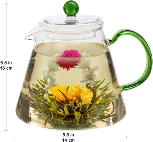 Teabloom Blooming Oasis Teapot - 34 oz Borosilicate Glass Teapot, Glass Tea Infuser, 2 Blooming Teas - Thermal Shock Resistant - Stovetop, Microwave, Dishwasher Safe - Holds 3-4 Cups
