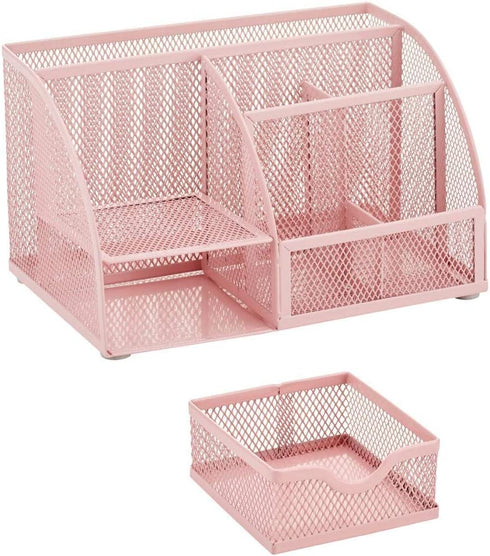 Annova Mesh Desk Organizer Office with 7 Compartments + Drawer/Desk Tidy Candy/Pen Holder/Multifunctional Organizer - Light Pink