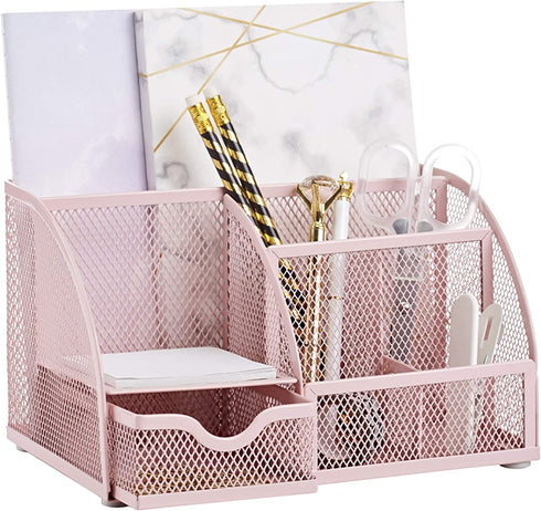 Annova Mesh Desk Organizer Office with 7 Compartments + Drawer/Desk Tidy Candy/Pen Holder/Multifunctional Organizer - Light Pink