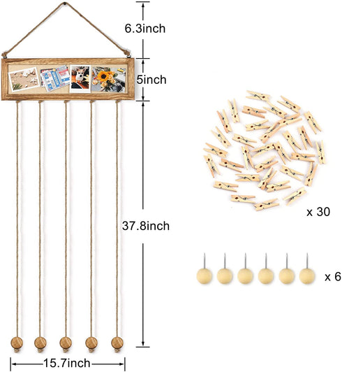 Bulletin Board Wall Decor Picture Frames Collage Hanging Photo Display Multi Pictures Organizer Wood Cork Board Photo Frame with 30 Clips and 6 Pushpins for Room Carbonized Black