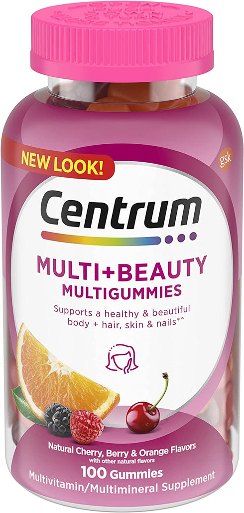Centrum MultiGummies + Beauty Gummy Multivitamin for Women, Hair Skin and Nails Vitamins with Antioxidants and Vitamins D3 and B , Cherry/Berry/Orange Flavors - 100 Count