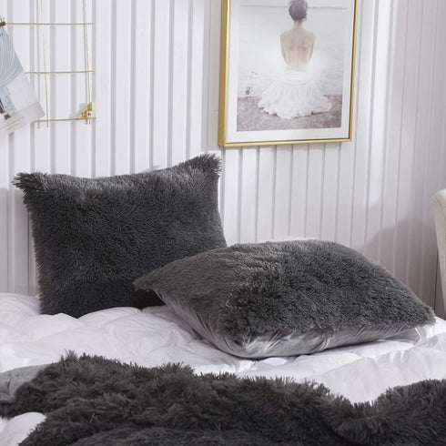 XeGe Faux Fur Throw Pillow Cases Plush Shaggy Ultra Soft Pillow Cover Fluffy Crystal Velvet Decorative Pillowcases Zipper Closure,Set of 2(Standard, Dark Gray)