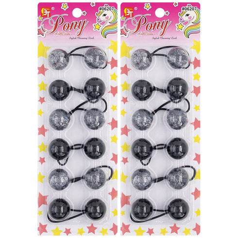 12 Pcs Hair Ties 25mm Ball Bubble Ponytail Holders Colorful Glitter Galactic Elastic Accessories for Kids Children Girls Women All Ages (Black)