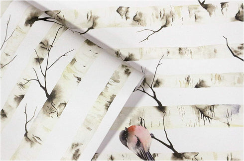 HaokHome 92075 Peel and Stick Forest Wallpaper Birch Tree Birds Mural White/Beige/Grey/Red Removable for Wall Decorations 17.7in x 118in