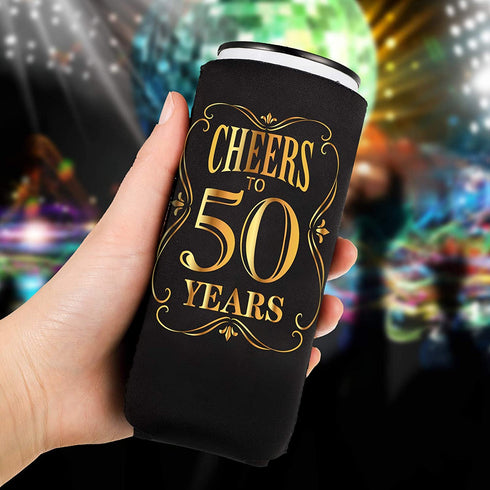 JOELELI 50th Birthday Party Decorations Can Cooler Sleeves, Neoprene Can Sleeves for Beer - 50th Anniversary Decorations and Birthday Gift for Men & Women, Black & Gold (12 Pcs)
