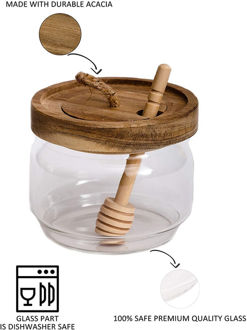 Dstuff Honey Jar Pot Glass Holder Dispenser with Wooden Dipper and Acacia Lid Cover for Home Kitchen, Clear, 9 Ounces, Honey Container for Storage
