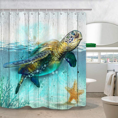 Sea Turtle Shower Curtain for Bathroom, Underwater World Ocean Animal Sea Tortoises Coral and Aquatic Plant on Rustic Wooden Boards Bath Curtains (69'' W by 70'' L)