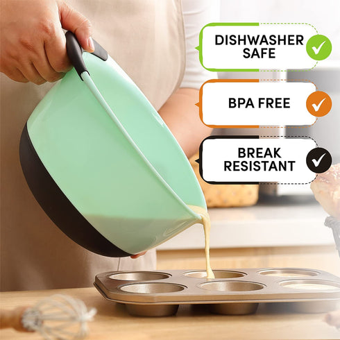 Spring Chef - Mixing Bowls with Soft Grip Handles, Prep Bowls for Baking and Cooking, Mixing Bowl with Pour Spout and Non-skid Bottom, Set of 3, Blue, Mint and White