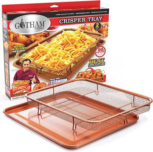 Gotham Steel Crisper Tray for Oven, 2 Piece Nonstick Copper Crisper Tray and Basket, Air Fry in your Oven, Great for Baking and Crispy Foods, As Seen on TV Large, 12.5? x 9?