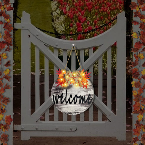 TURNMEON 10 LED Lighted Fall Welcome Sign Wreath for Front Door,Maple Leaves Wooden Hanging Sign Battery Operated Autumn Harvest Thanksgiving Fall Decoration Wall Porch Indoor Outdoor Home(Warm White)