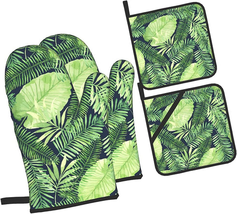 Tropical Palm Leaf Oven Mitts and Pot Holders 4pcs Set, 500„‰ Heat Resistant Oven Mitts Gloves 3D Printed Cooking Gloves for Kitchen, Cooking, Baking, BBQ Green