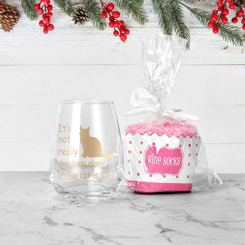 It's Not Really Drinking Alone If The Cat Is Home Wine Glass with Cupcake Wine Socks Gift Set, Cat Lover Wine Glass Set with Bottle Opener 15Oz - Funny Gift for Women Friends Sisters Girls Cat Lover