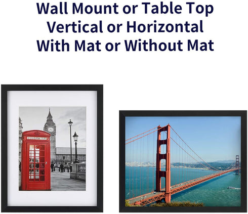 ONE WALL Tempered Glass 11x14 Picture Frames Display Pictures 8x10 or 5x7 with Mat or 11x14 Without Mat, Black Solid Wood Photo Frames for Wall and Tabletop - Mounting Hardware Included