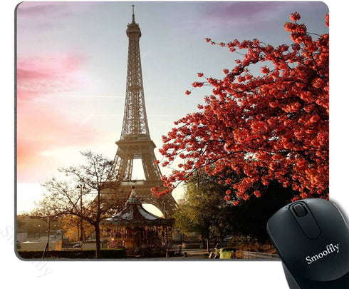 Smooffly France Paris Mouse Pad, Spring Morning with Eiffel Tower, Cityscape Red Flower Personality Desings Gaming Mouse Pad