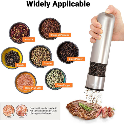 Electric Salt and Pepper Grinder - Automatic, Refillable, Battery Operated Stainless Steel Spice Mills with Light - One Handed Push Button Peppercorn Grinders and Sea Salt Mills