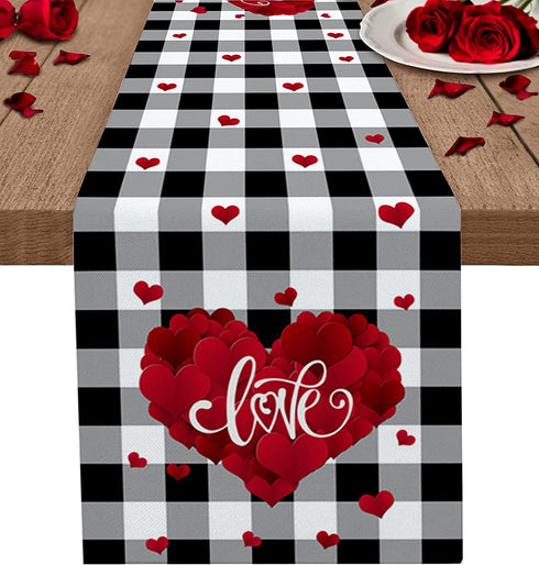 Valentine's Day Table Runner 13x90 Inch, Romantic Red Love Heart Vintage Black White Buffalo Plaid Table Runner Dresser Scarves for Valentines Day Dinner Parties Washable Cotton Linen Table Runners