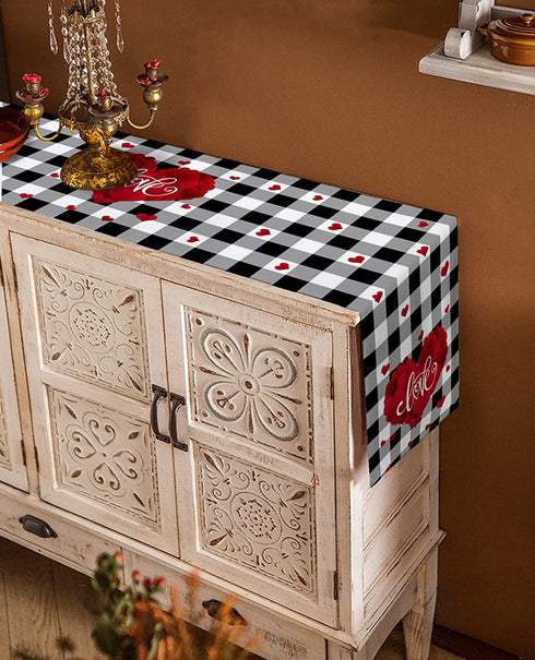 Valentine's Day Table Runner 13x90 Inch, Romantic Red Love Heart Vintage Black White Buffalo Plaid Table Runner Dresser Scarves for Valentines Day Dinner Parties Washable Cotton Linen Table Runners