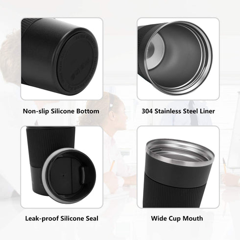 16oz Insulated Coffee Travel Mug Stainless Steel Vacuum Coffee Cup Leakproof with Screw Lid Double Wall Coffee Tumbler Reusable Thermal Cup for Hot/Iced Beverage - 510ml, Black