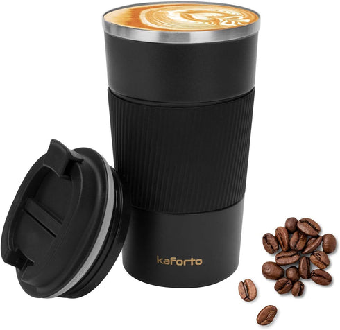 16oz Insulated Coffee Travel Mug Stainless Steel Vacuum Coffee Cup Leakproof with Screw Lid Double Wall Coffee Tumbler Reusable Thermal Cup for Hot/Iced Beverage - 510ml, Black