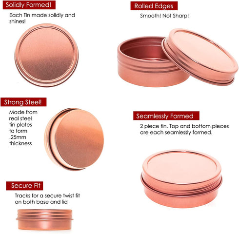 Mimi Pack 24 Pack Tins 1 oz Shallow Round Tins with Solid Screw Lids Empty Tin Containers Cosmetics Tins Party Favors Tins and Food Storage Containers (Rose Gold)