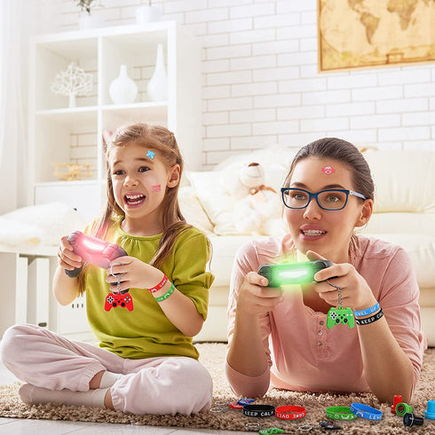 60 Pieces Video Game Party Favors Set Includes 20 Video Game Bracelets Wristbands, 24 Video Game Stampers, 16 Game Handle Keychains for Video Game Party Supplies Birthday