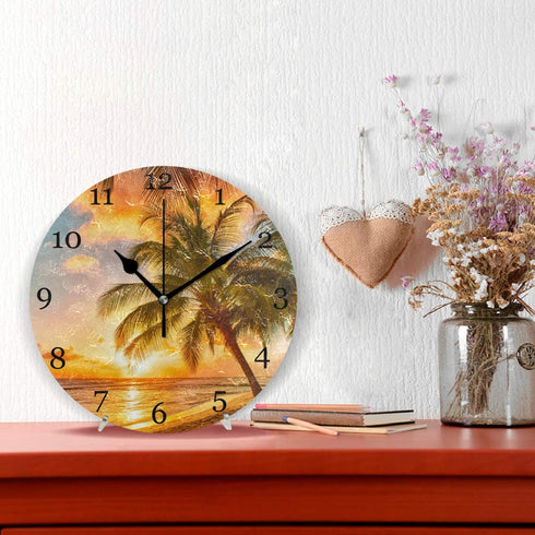 KUWT Palm Tree Wall Clock Silent Non-Ticking, Beach 9.5 Inch Round Wall Clock Battery Operated Hawaiian Coastal Clock Decor for Home Wall Bathroom Kitchen Bedroom Living Room Office Classroom Patio
