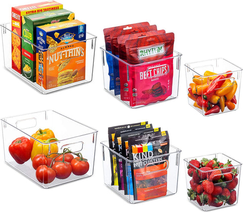Set Of 6 Clear Pantry Organizer Bins Household Plastic Food Storage Basket with Cutout Handles for Kitchen, Countertops, Cabinets, Refrigerator, Freezer, Bedrooms, Bathrooms
