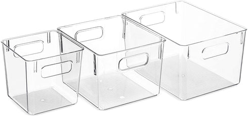 Set Of 6 Clear Pantry Organizer Bins Household Plastic Food Storage Basket with Cutout Handles for Kitchen, Countertops, Cabinets, Refrigerator, Freezer, Bedrooms, Bathrooms