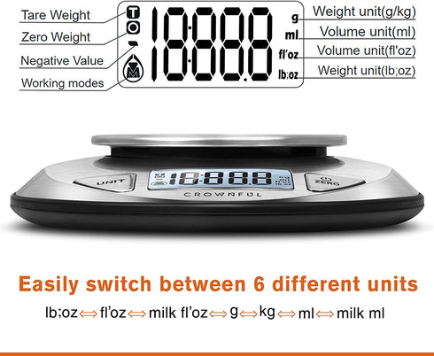 CROWNFUL Digital Food Scale with Bowl,11lb/5kg Kitchen Scales Digital Weight Grams and Ounces for Cooking and Baking,Kitchen Scale with Bowl (Batteries Included)
