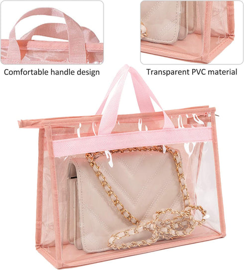 Regilt 3 PCS Transparent Handbag Storage Organizer Space-Saving Dust Cover Bag Dust-Proof Purse Storage Bag with Zipper and Handle (Pink, 3)