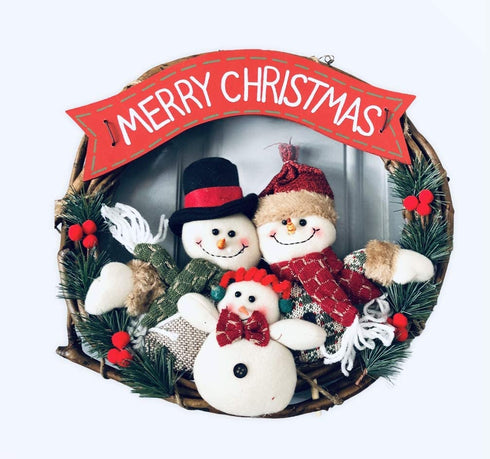 Nature's Nectar Merry Christmas Wreath Home Kitchen Wall Hanging with Snowman, Santa, Doll, & Pine Leaves Decorative Ornament Plastic & Rattan Party Décor Door Hanger Artificial Fall for All Season