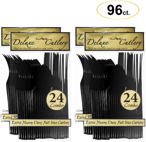 Party Essentials Extra Heavy Duty Hard Plastic Cutlery Combo Pack, Full Size Knives/Forks/Spoons, Black, 96-Pieces/ 32-Place Settings (N1224BK-4)