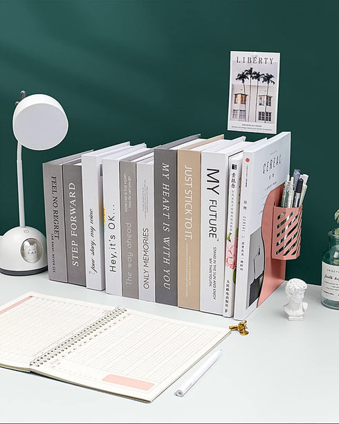 Expandable Bookend, Extra Long Telescopic Size Adjustable Bookends with Pen Holder, Metal Bookends Holder for Heavy Duty Books, Book Ends for Shelves & Office, Pink