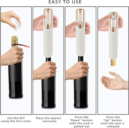 Vin Fresco Portable Electric Wine Opener - Battery Powered Wine Bottle Opener With Foil Cutter - Automatic, Cordless - Easily Removes Corks - BATTERIES INCLUDED (White and Rose Gold)