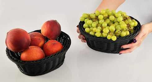 HOME-X Oval Plastic Woven Wicker Basket, Bread Baskets-Table Decor and Storage-Dark Gey-Set of 2 9.5"L x 8"W x 3.5"H