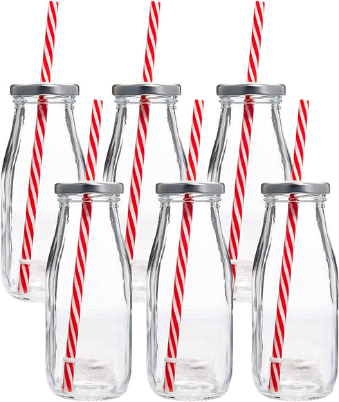 Estilo Milk Bottle - Reusable Glass Bottle for Dairy Milk With Straws & Metal Screw On Lids, 10.5 ounce, Clear, Set of 6