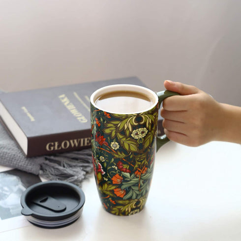 TZSSP Coffee Ceramic Mug Porcelain Latte Tea Cup With Lid 17oz. Green
